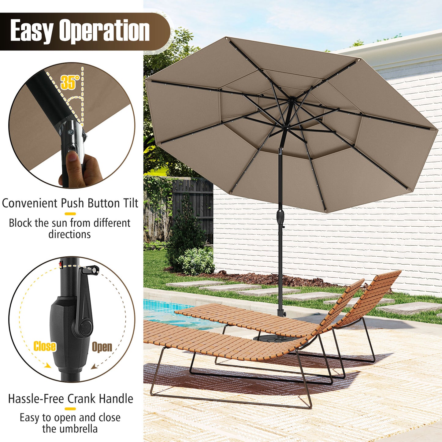 10 Feet Solar Patio Umbrella with 32 LED Lights 3-Tier Vented Top-Taupe Kids Crystal