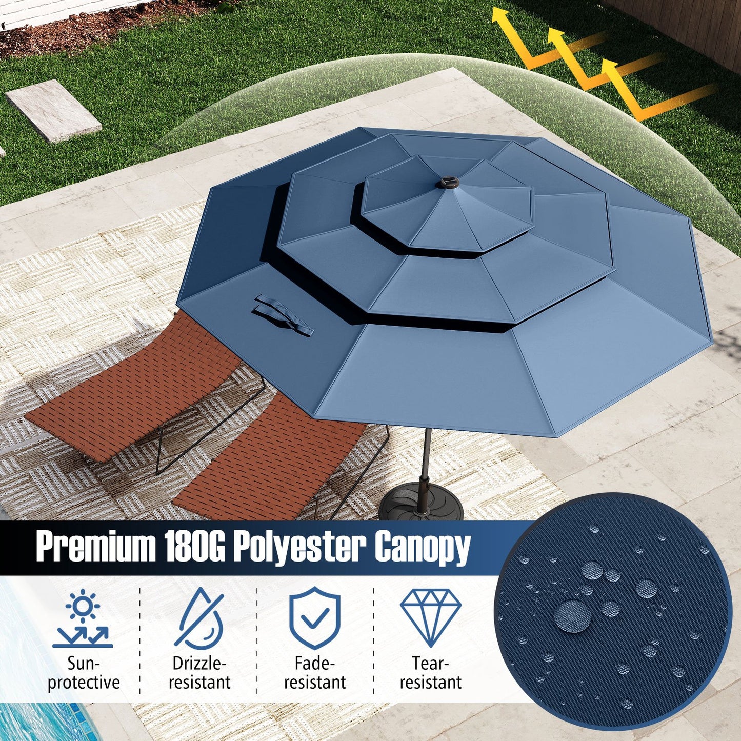 10 Feet Solar Patio Umbrella with 32 LED Lights 3-Tier Vented Top-Navy Kids Crystal