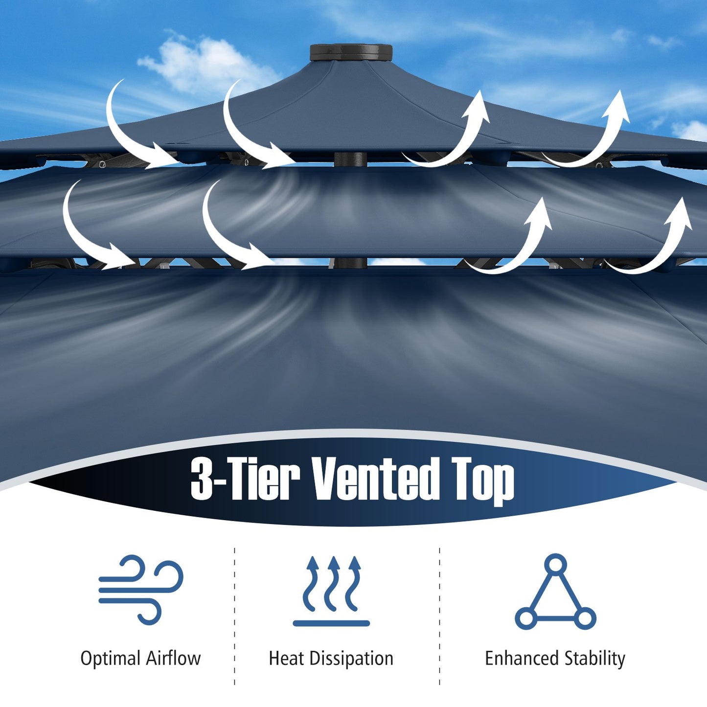10 Feet Solar Patio Umbrella with 32 LED Lights 3-Tier Vented Top-Navy Kids Crystal