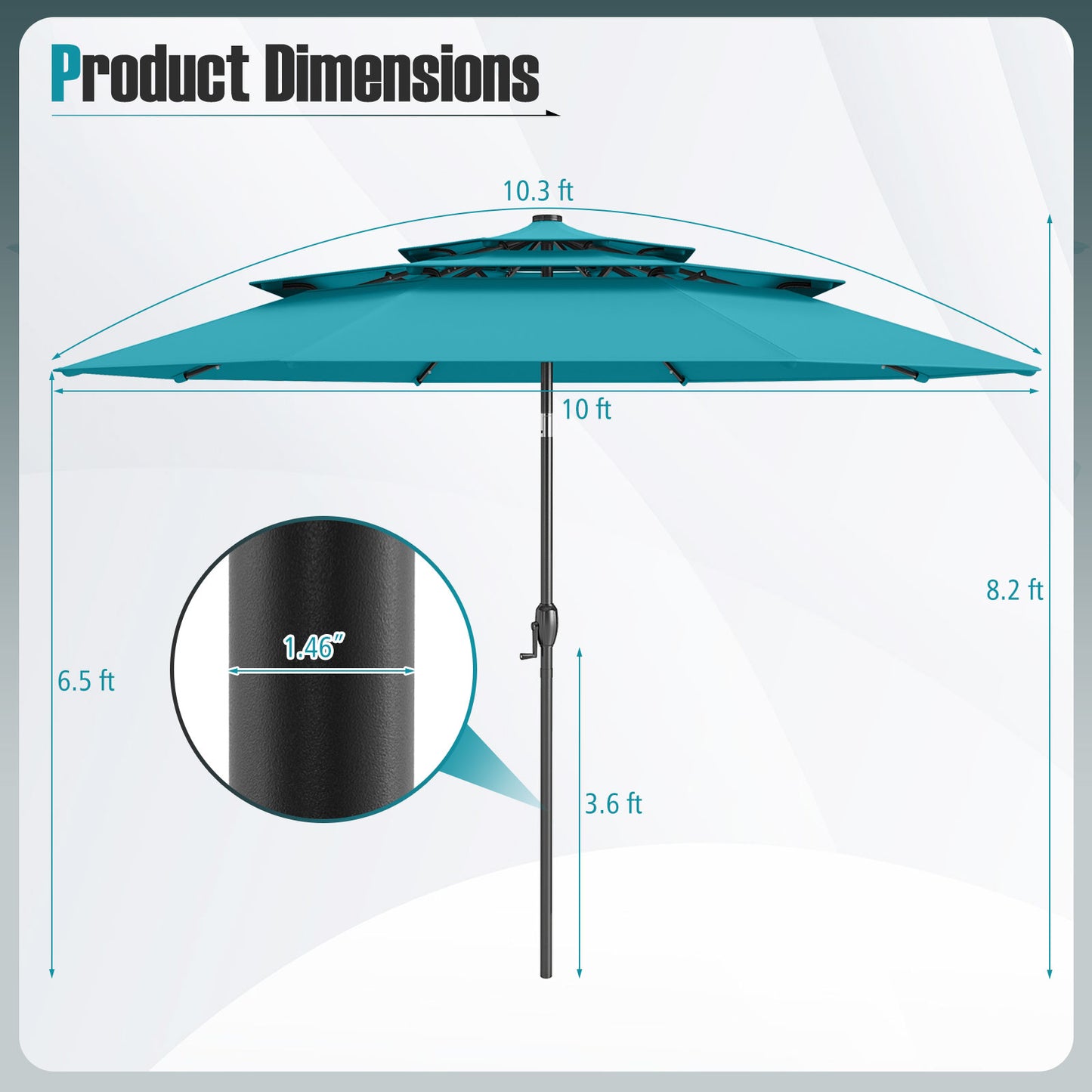 10 Feet Solar Patio Umbrella with 32 LED Lights 3-Tier Vented Top-Turquoise Kids Crystal