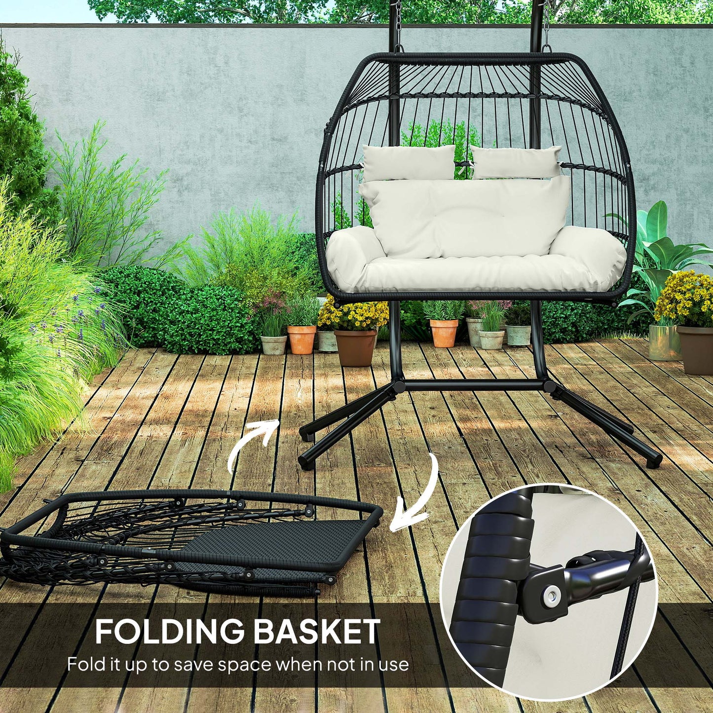 Double Wicker Egg Swing Chair with Stand, Foldable Hanging Egg Chair with UV Resistant Cushion, Headrest, Cream White Kids Crystal