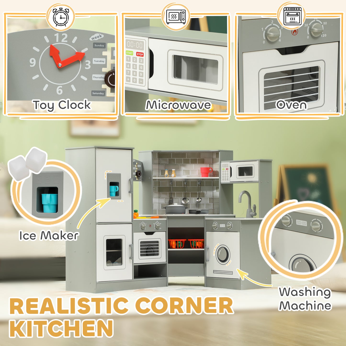 Corner Play Kitchen, Pretend Play Kitchen Set with Lights & Sounds, Stove Ice Maker Microwave Oven Kids Crystal