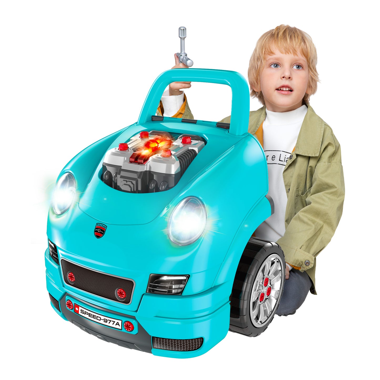 Kids Mechanic Truck Engine Repair Toy Set Car Service Teal Playset with Tools for Pretend Play Kids Crystal