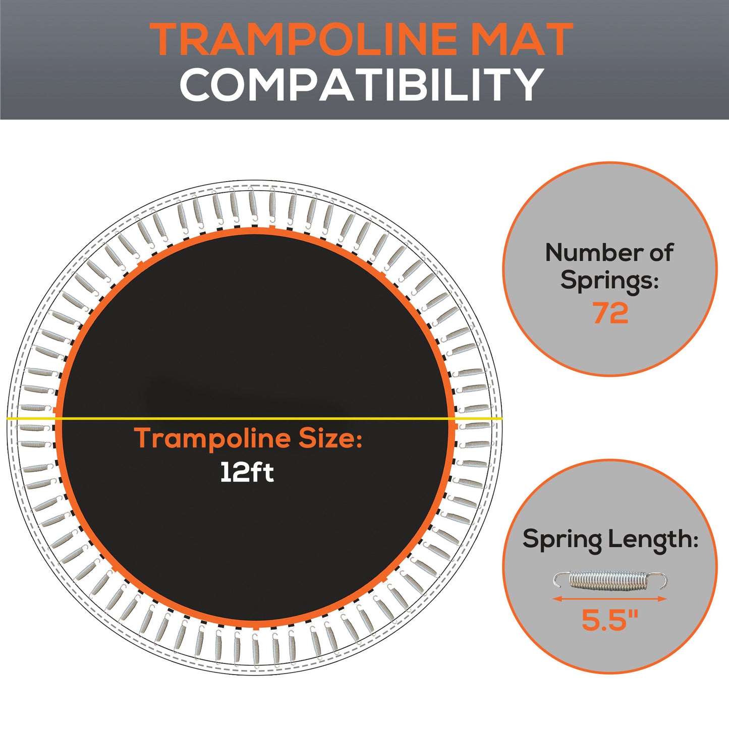 Trampoline Mat Replacement with Spring Pull Tool and 72 V-Hooks, Fits 12ft Trampoline, Using 5.5" Springs, Orange Kids Crystal