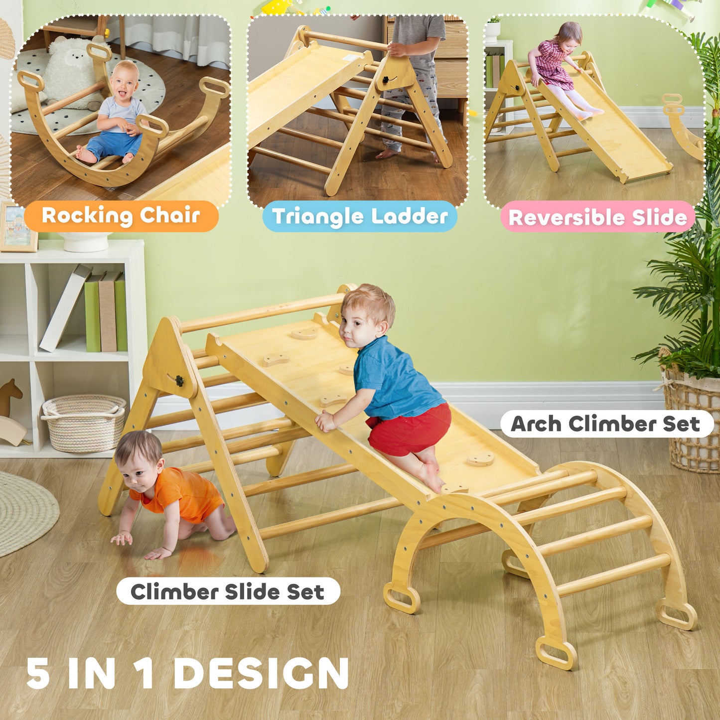 5 in 1 Pikler Triangle Set with Ladder, Ramp, Arch, for 18-48 months, Nature Wood Kids Crystal