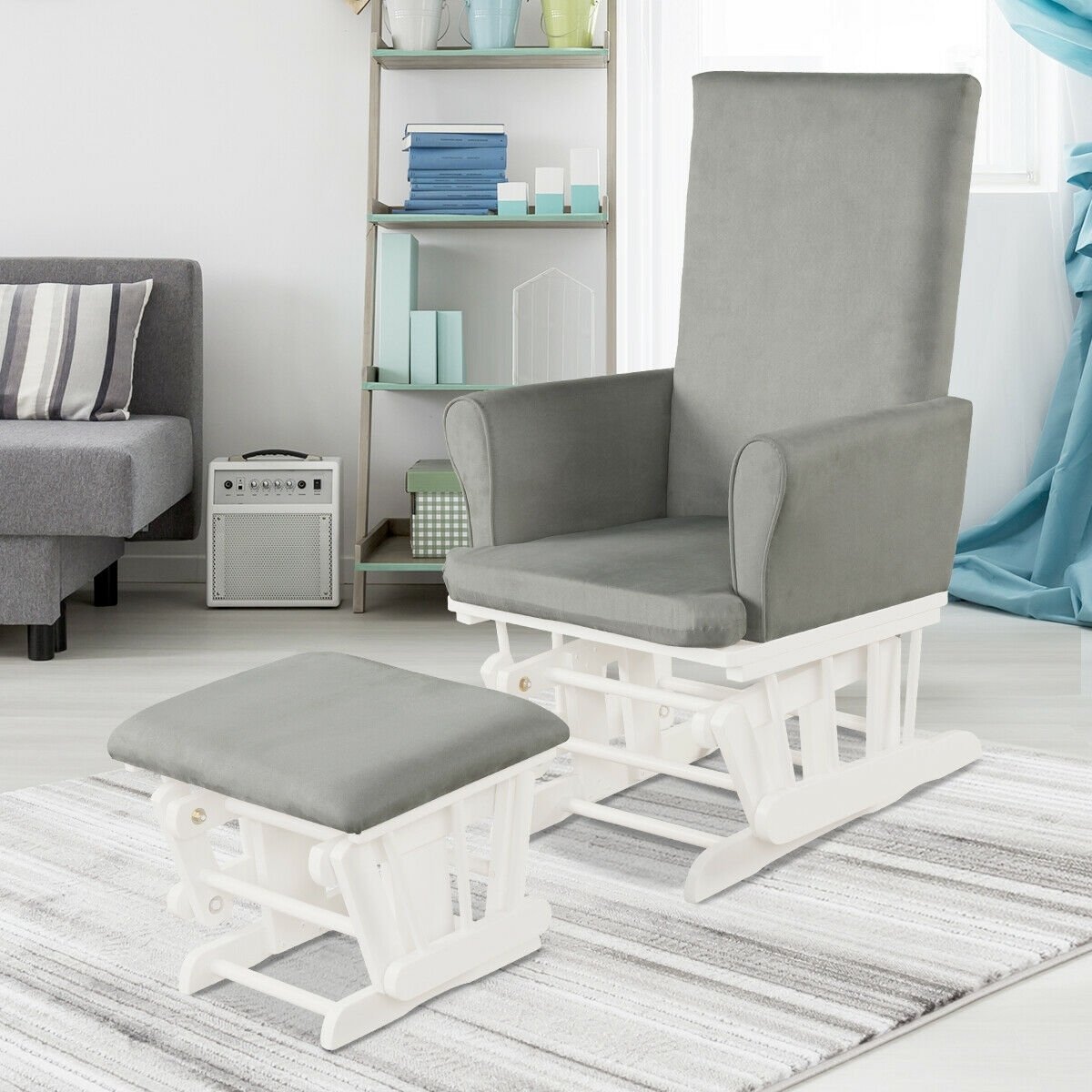 Baby Nursery Relax Rocker Rocking Chair Glider & Ottoman Set-Gray Kids Crystal
