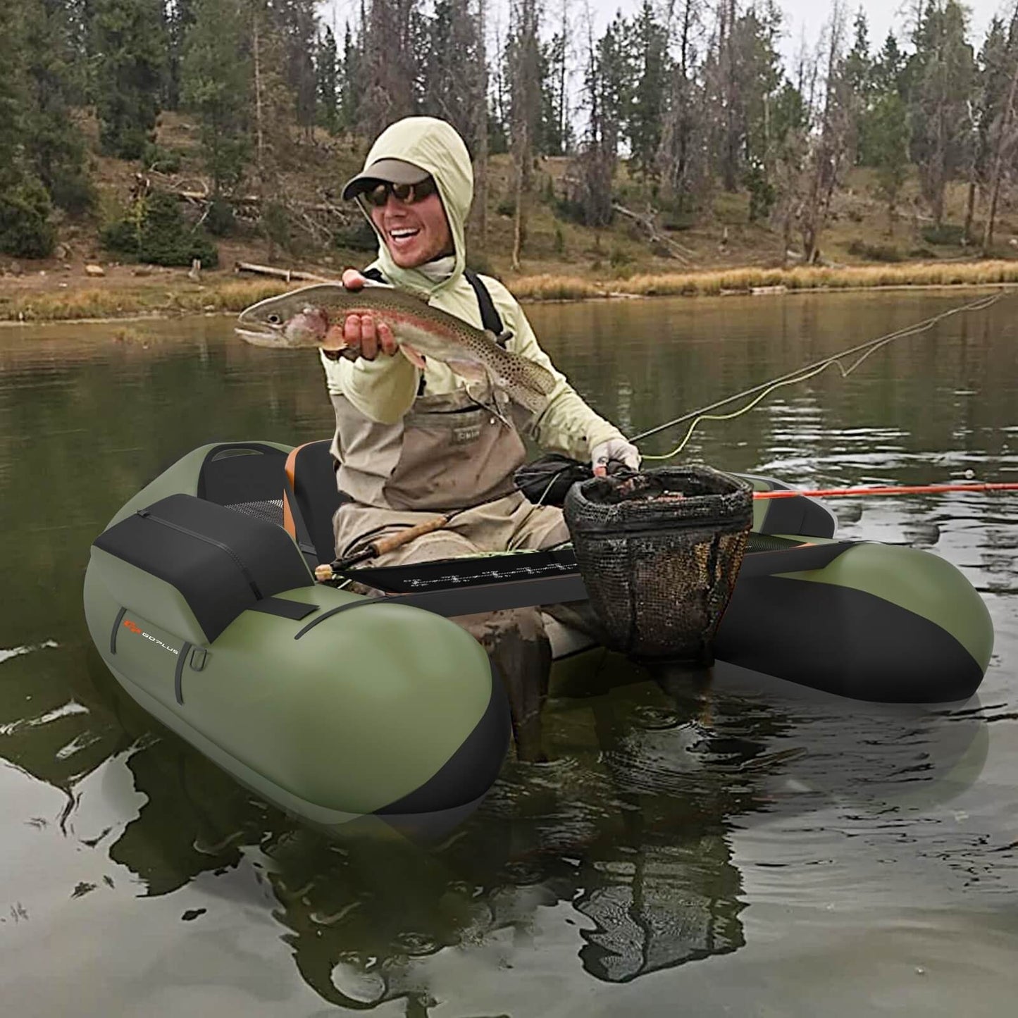 Inflatable Fishing Float Tube with Pump Storage Pockets and Fish Ruler-Green Kids Crystal