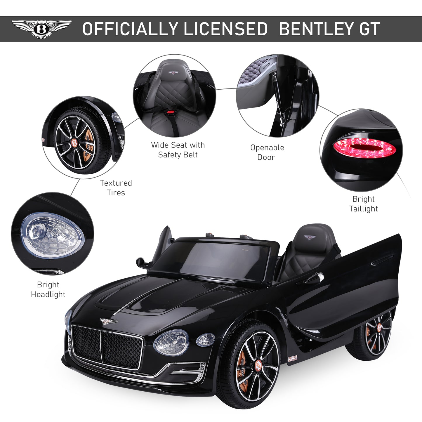 Licensed Bentley Ride-On Car: 12V, Electric, Battery Powered, Remote Control, 2 Speed, Black Kids Crystal