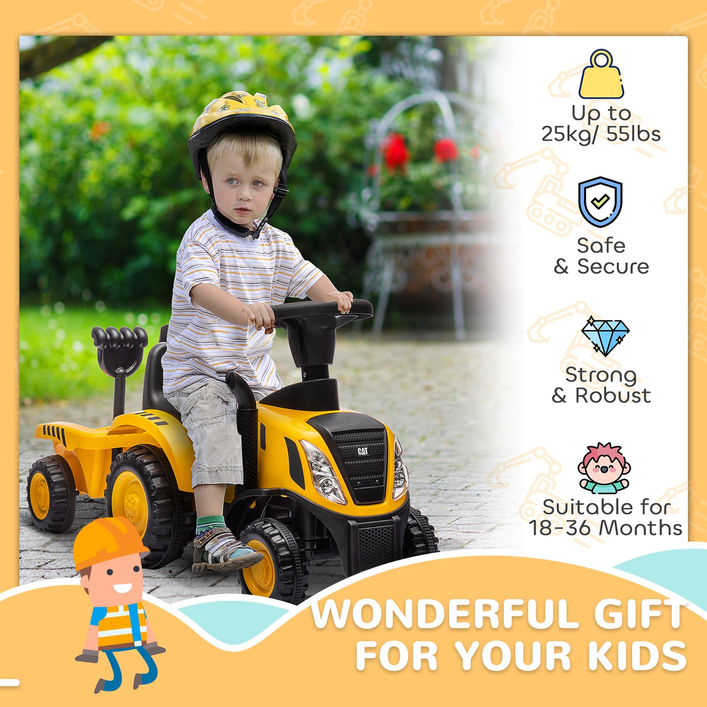 Caterpillar Licensed No Power Ride On Tractor with Shovel, Trailer Kids Crystal