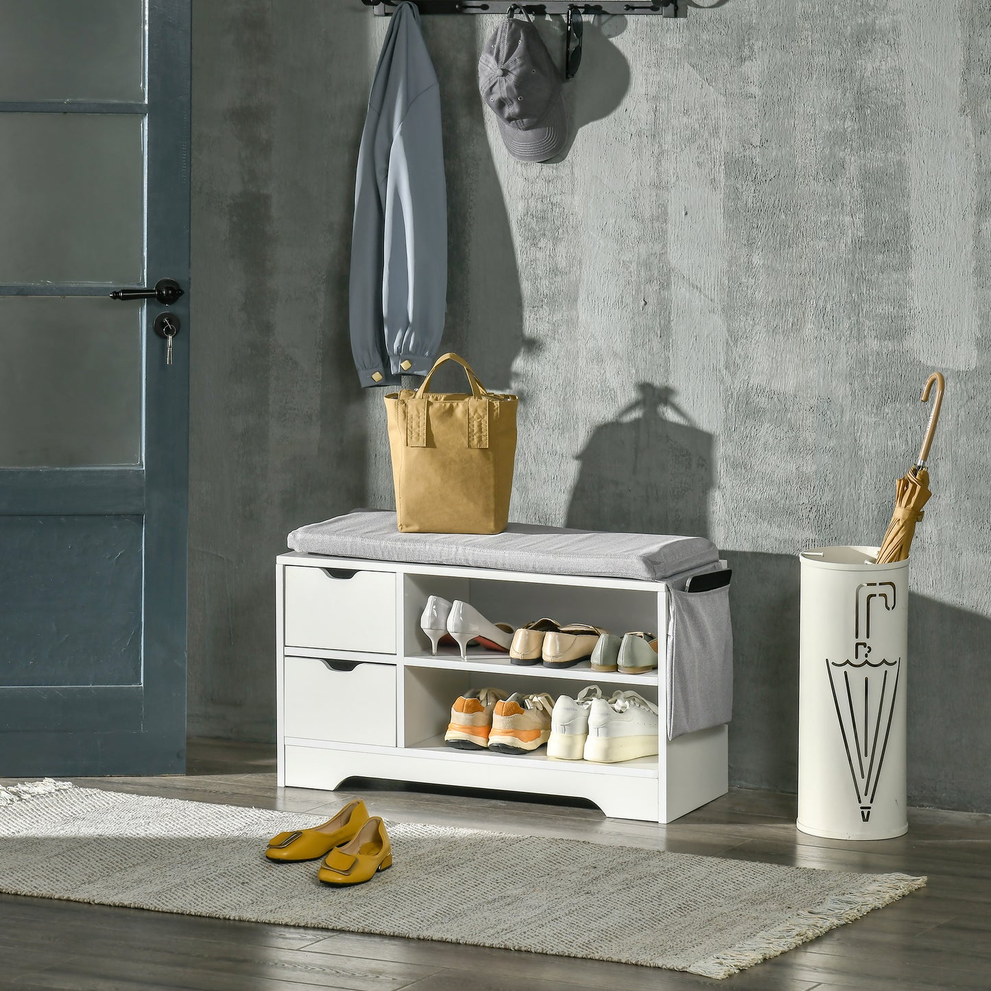 Modern Shoe Bench with Storage Upholstered Entryway Bench Shelves Drawers Side Pocket Hallway White Kids Crystal