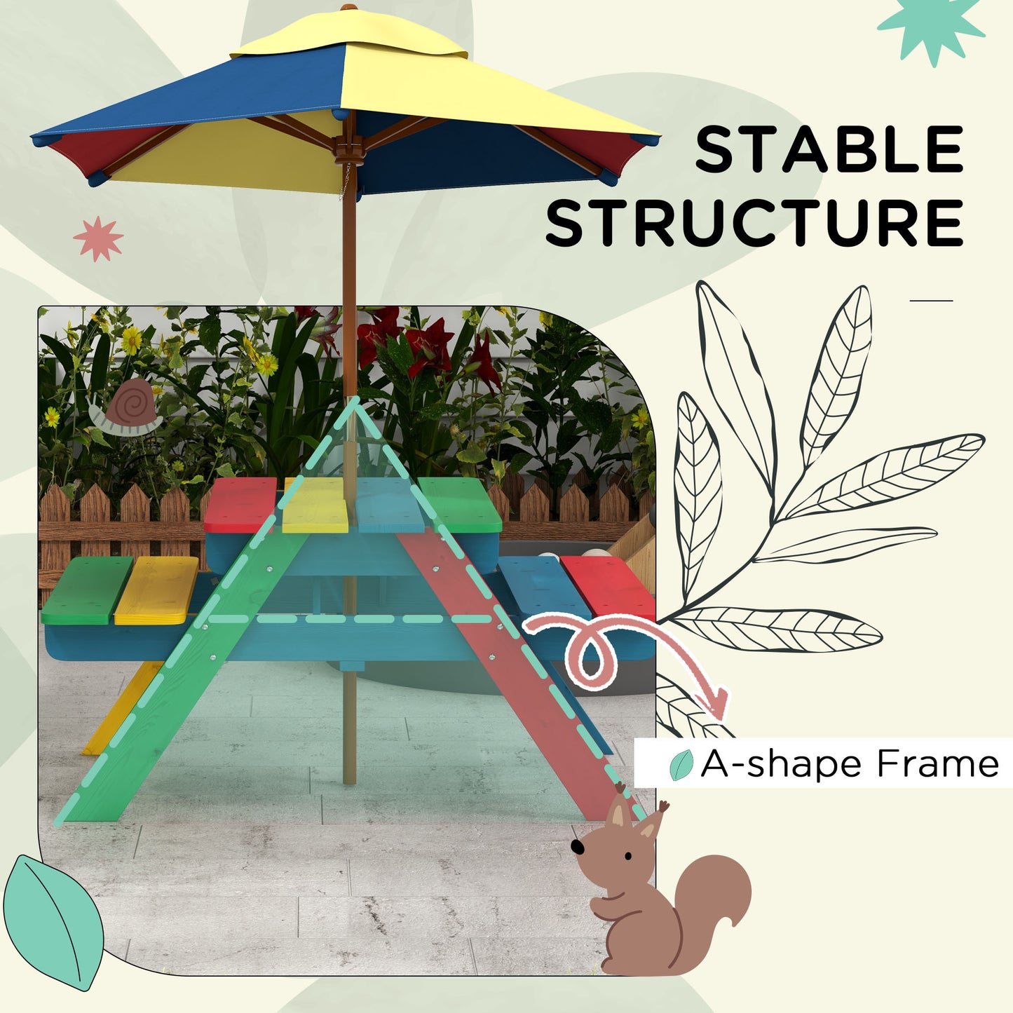 Kids Wooden Picnic Table Bench Set with Removable Umbrella, Ideal for Backyard, Garden, Ages 3-6