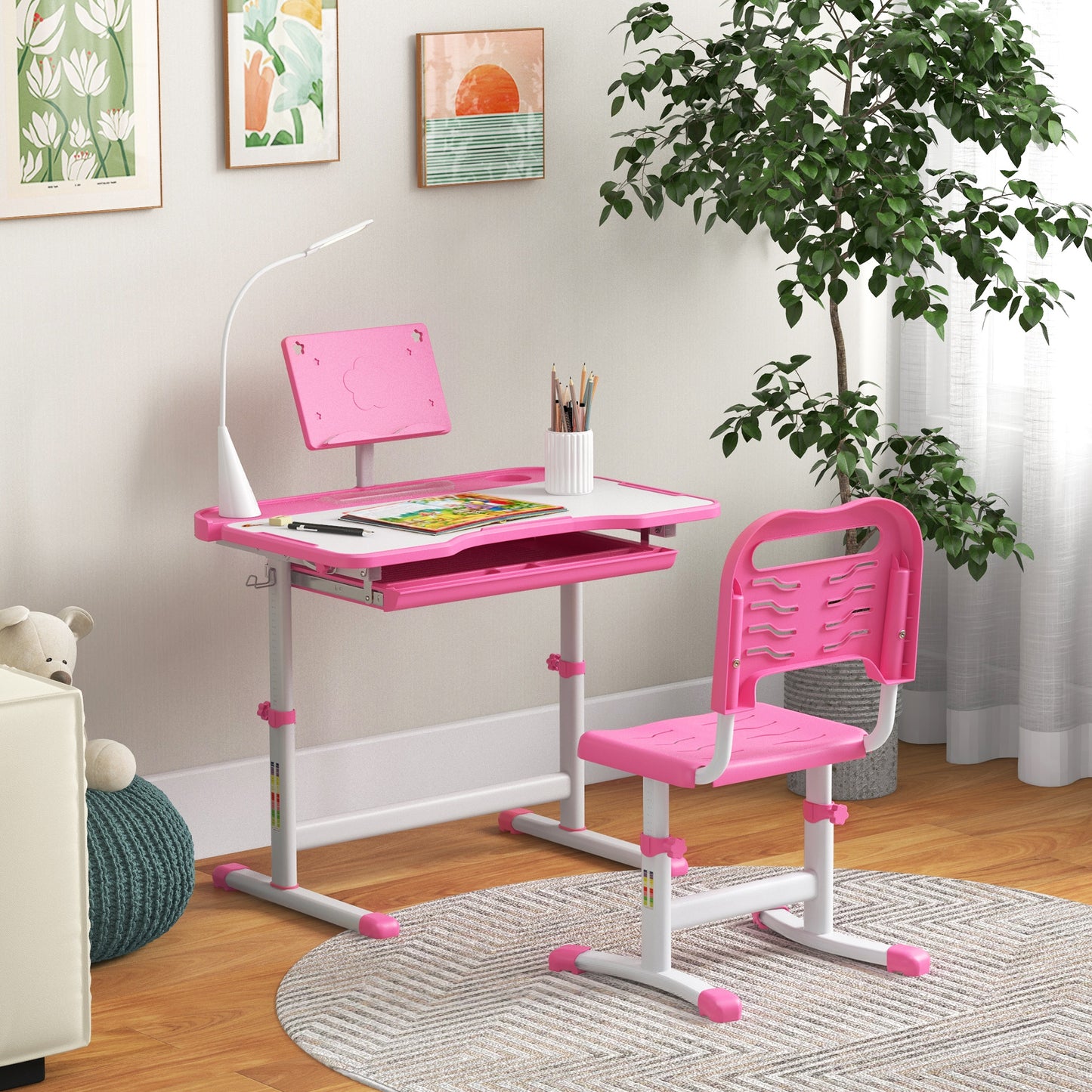 Kids Desk and Chair Set Height Adjustable Student Writing Desk Children School Study Table with Tilt Desktop, Pink Kids Crystal