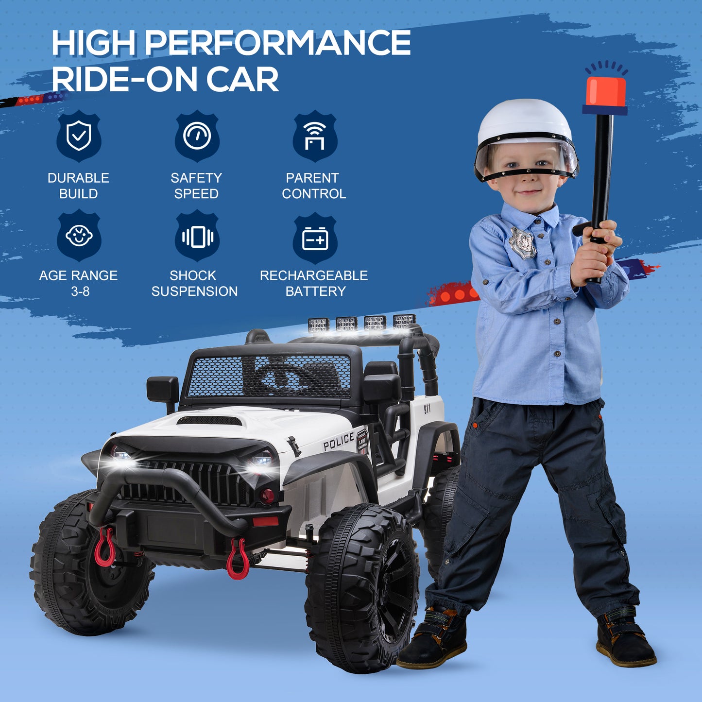 12V Battery-powered Kids Electric Ride On Police Car 2-Seater SUV Truck Toy with Parental Remote Control Bluetooth, White Kids Crystal