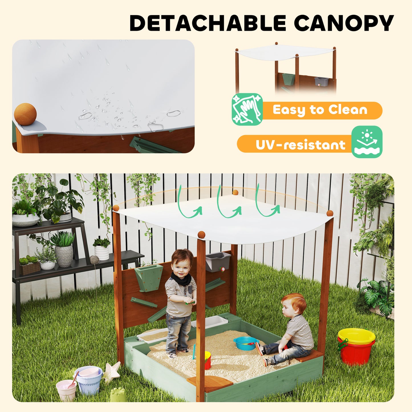 Wooden Kids Sandbox with Canopy, Sand Wall, Bottom Liner, for 3-6 Years, 46" x 44" W x 50" Green Kids Crystal