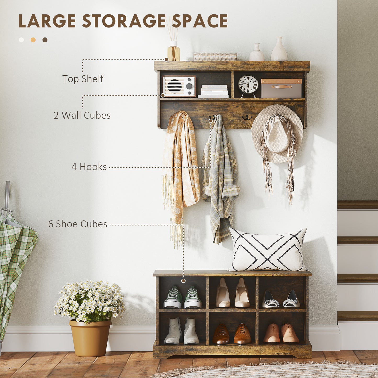 Coat Rack Shoe Bench Set, Entryway Shoe Bench with 8 Storage Cubbies, 4 Hooks for Hallway, Living Room, Rustic Brown
