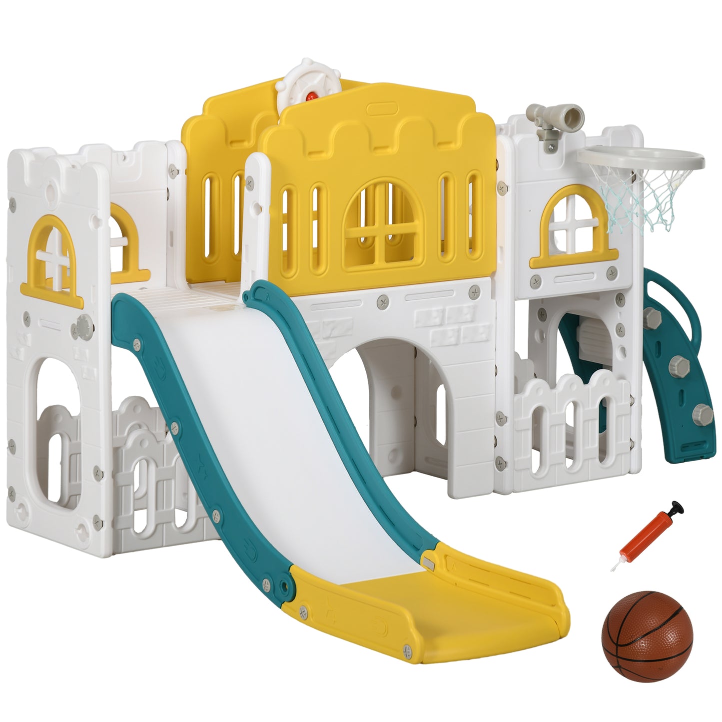7 in 1 Toddler Slide with Basketball Hoop, Climber, Telescope, Tunnel, Steering Wheel, for 1-3 Years, Yellow Kids Crystal