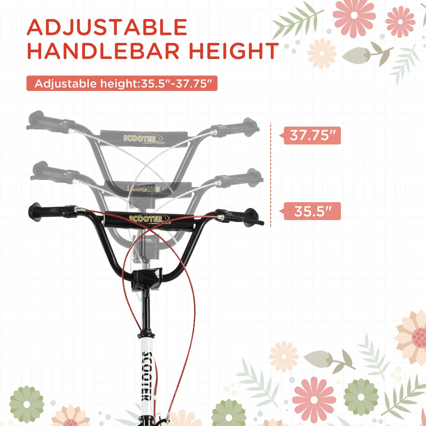 Youth Kick Scooter: Adjustable Handlebar, Dual Brakes, Inflatable Wheels for Teens 5+ - White Kids Crystal