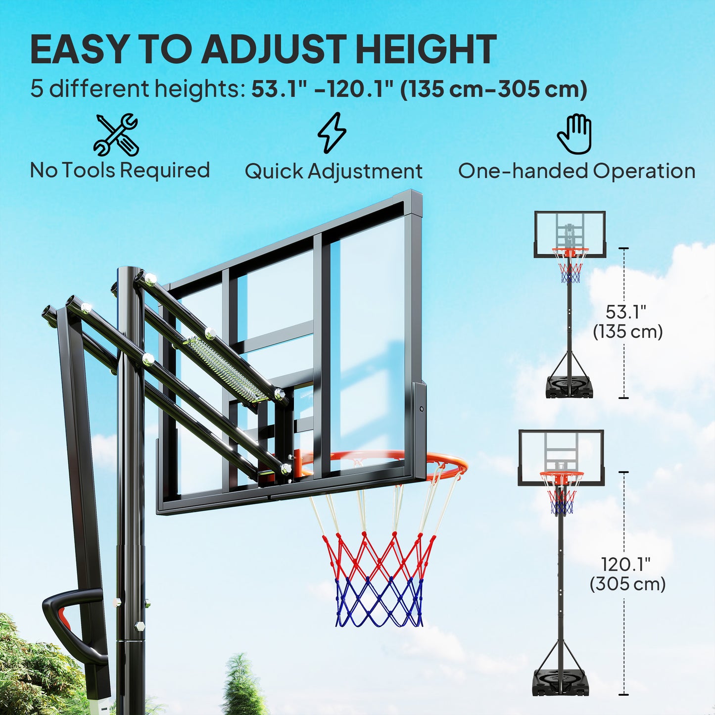 Basketball Hoop Outdoor, 4.4-10ft Portable Basketball Goal with Wheels and 44.5" Backboard, for Teenagers Youth Adults Kids Crystal
