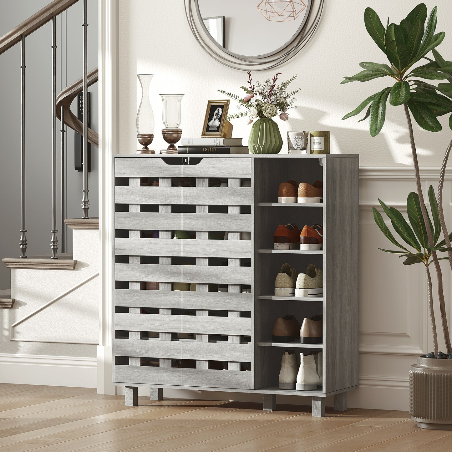 Shoe Cabinet, 21 Pair Shoe Storage Cabinet Organizer with 5-tier Double Door Cabinet and 5-tier Open Shelves, Light Grey Kids Crystal