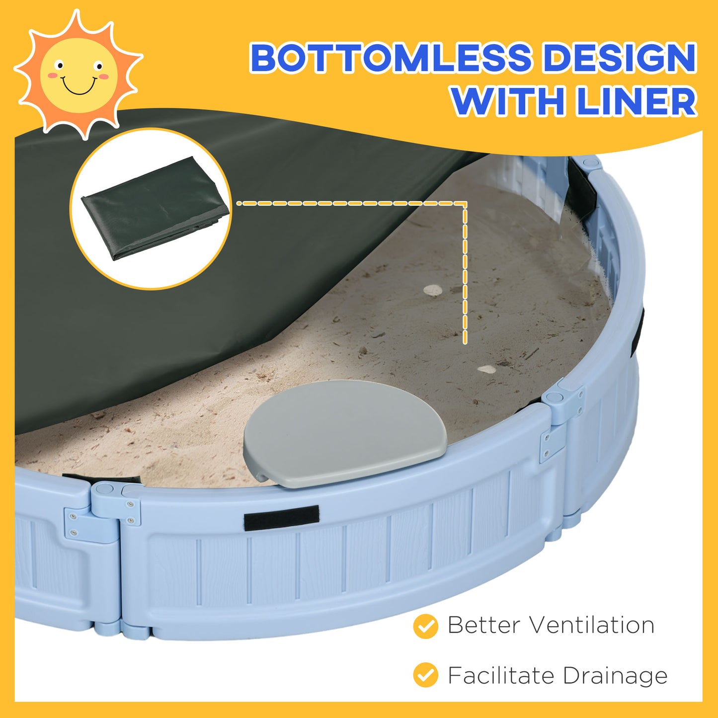 Kids Outdoor Sandbox Cover Bottom Fabric Liner 3-12 Years Light Blue Play Area Toy Kids Crystal