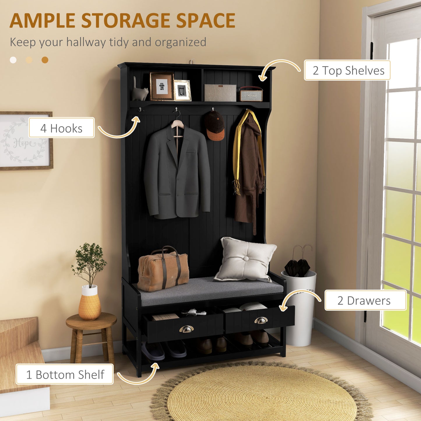 Coat Rack Shoe Bench, Hall Tree with Bench and Shoe Storage, Entryway Bench with 4 Hooks, 2 Drawers, 2 Shelves, Black