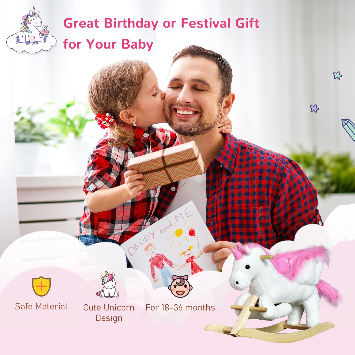Kids's Pink Plush Rocking Horse Pony Sing-Along Musical Song Ride-On Toy Playtime Rocker Toddlers Kids Crystal