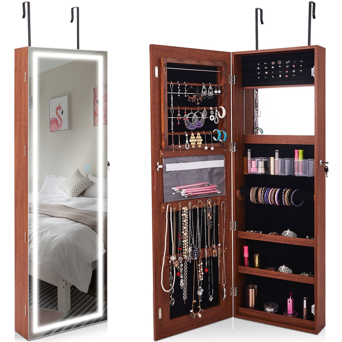 Door Wall Mount Touch Screen Mirrored Jewelry Cabinet-Brown Kids Crystal