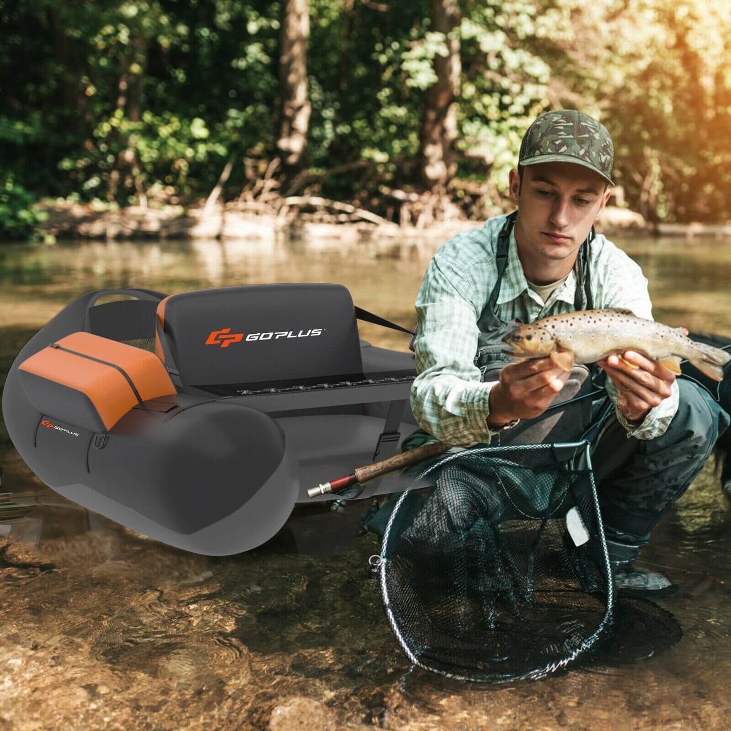 Inflatable Fishing Float Tube with Pump Storage Pockets and Fish Ruler-Gray Kids Crystal