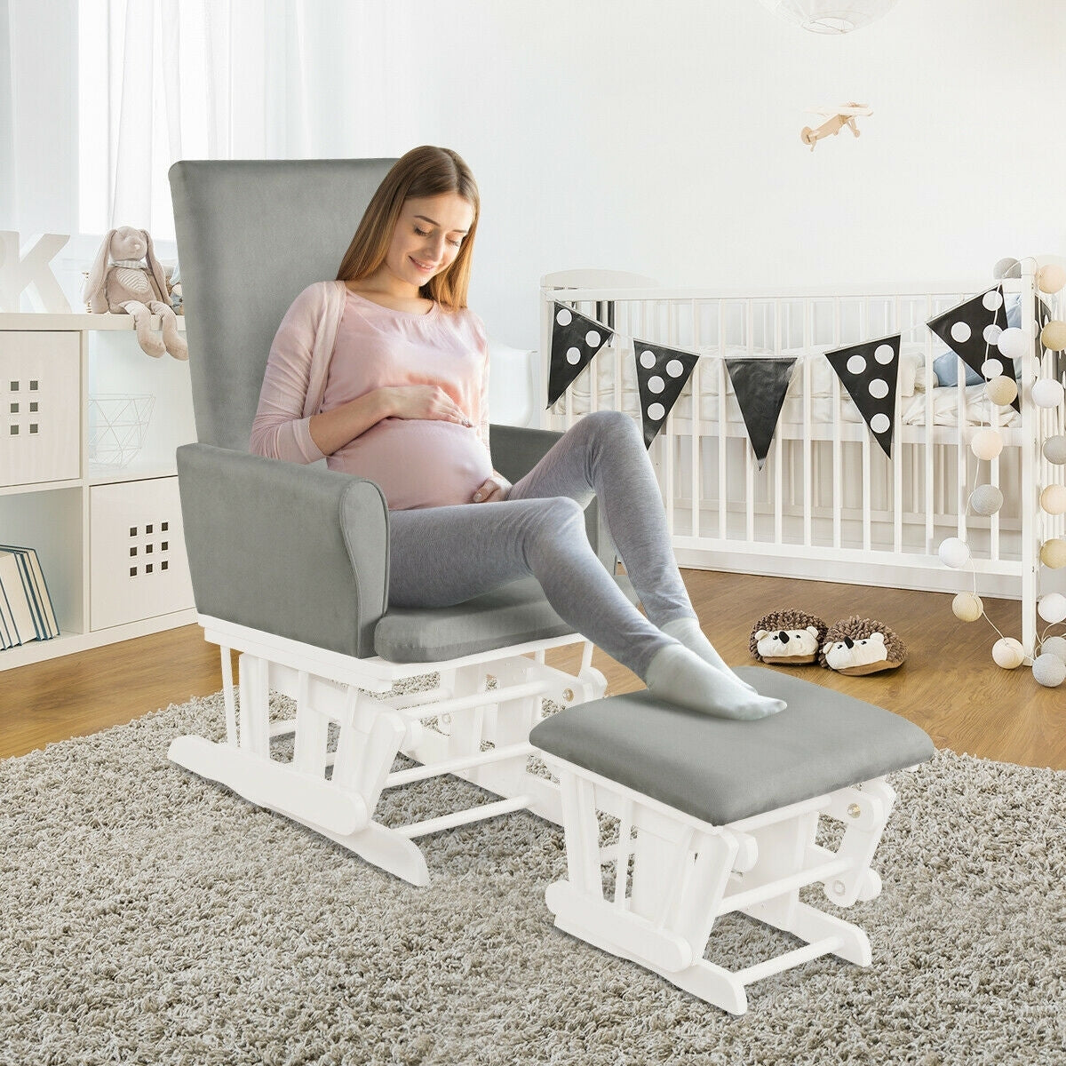 Baby Nursery Relax Rocker Rocking Chair Glider & Ottoman Set-Gray Kids Crystal