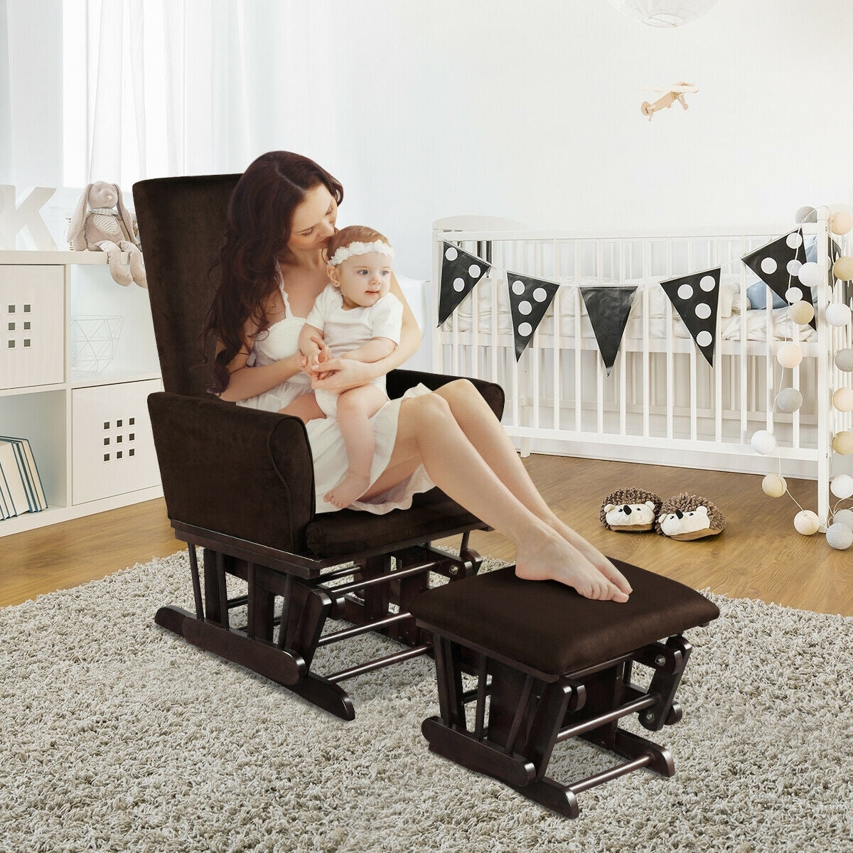 Baby Nursery Relax Rocker Rocking Chair Glider & Ottoman Set-Coffee Kids Crystal