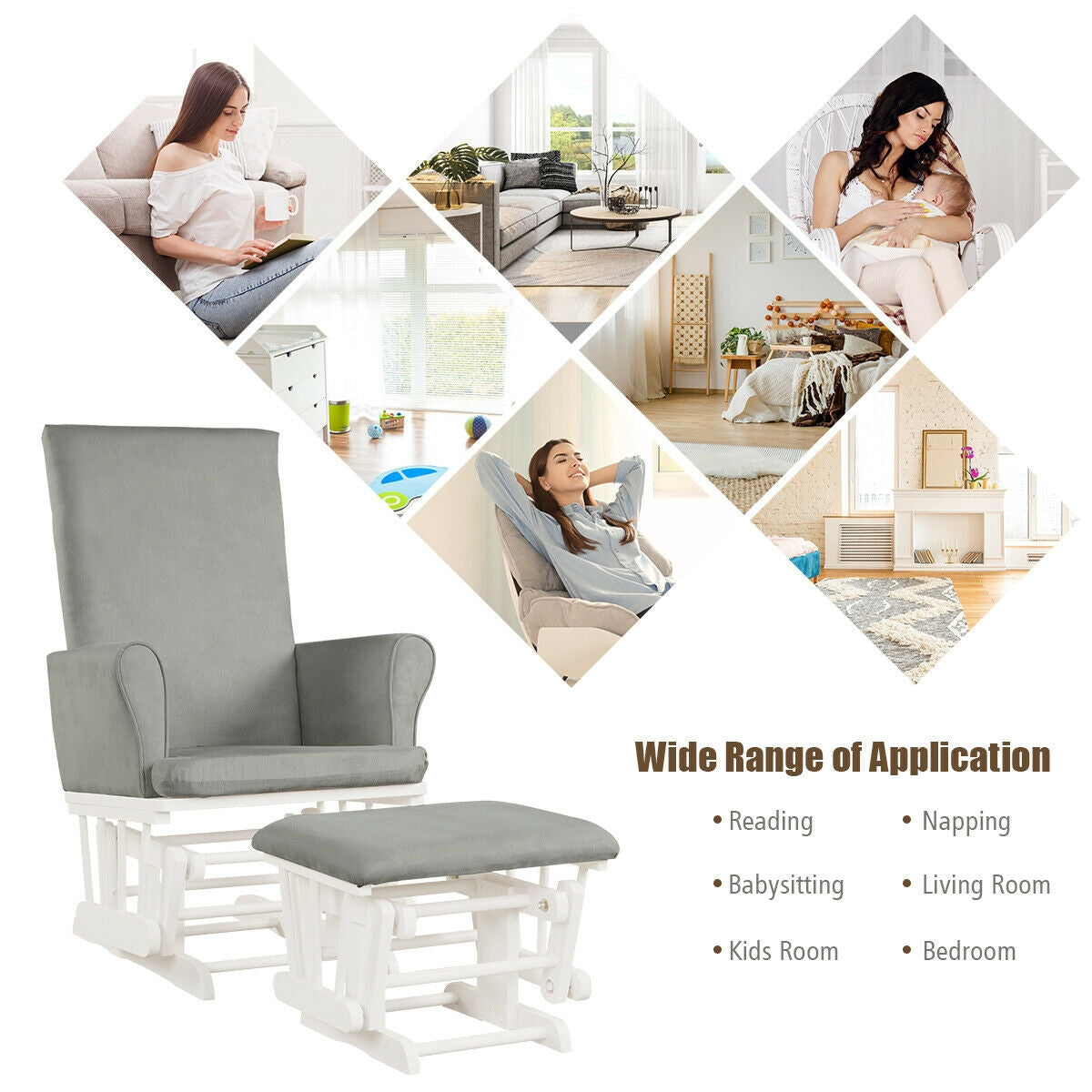 Baby Nursery Relax Rocker Rocking Chair Glider & Ottoman Set-Gray Kids Crystal