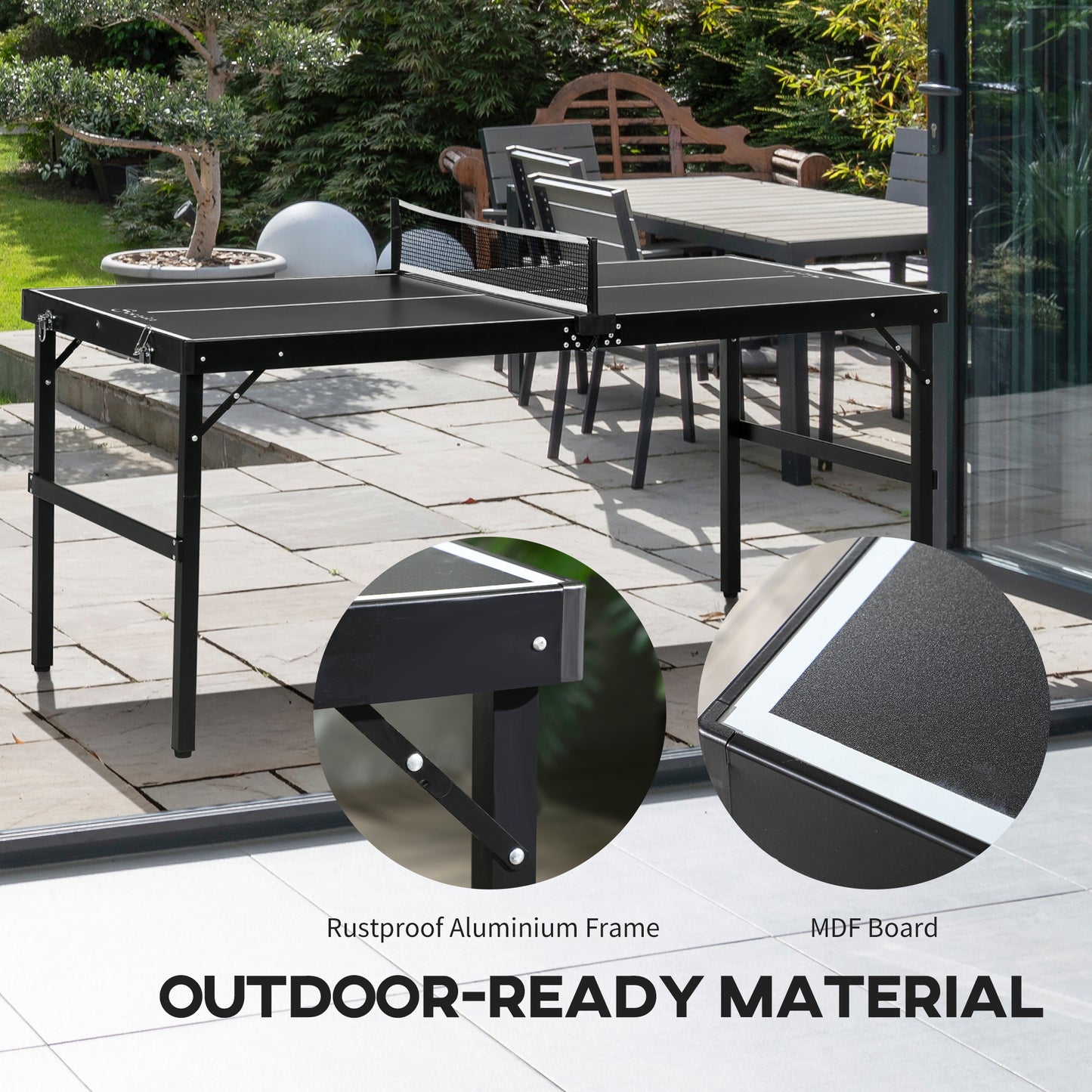 Mid-size Folding Table Tennis Table with Aluminium Frame, Portable Outdoor Ping Pong Table with Net, Black Kids Crystal