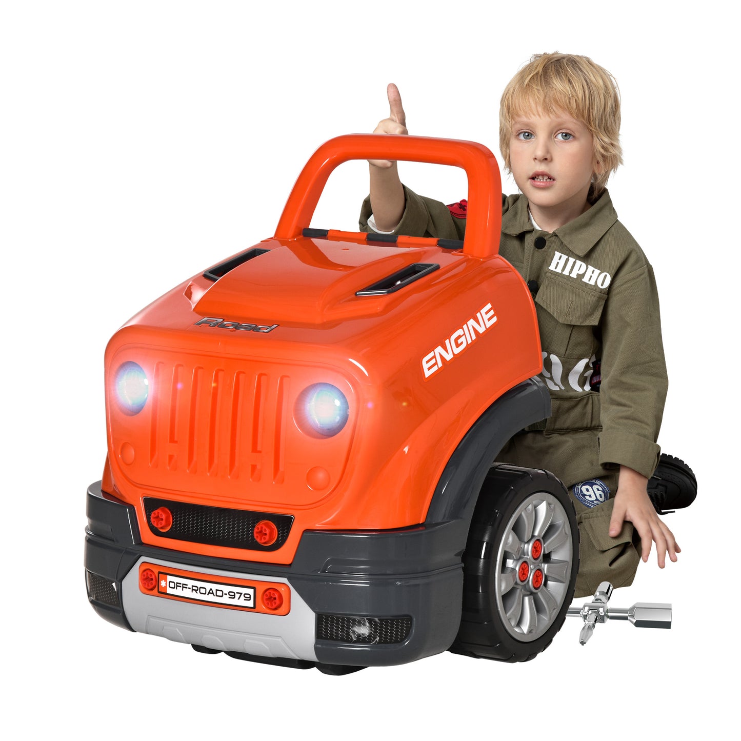 Mechanic's Delight: Educational Kids Truck Engine Toy Set, Car Service Station Playset with Steering Wheel, RC Car Key, Orange Kids Crystal