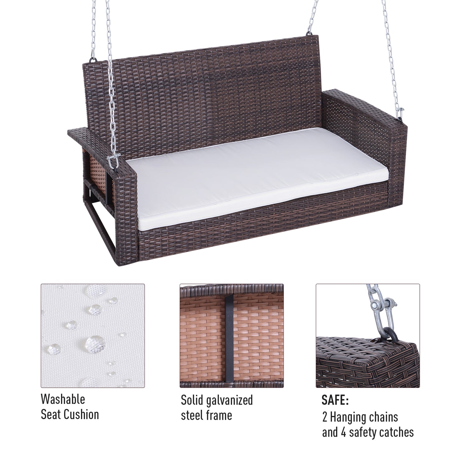 Wicker Porch Swing Chair 2-Person Garden Hanging Bench Cushion Outdoor Rattan Double Hammock Sun Lounge White Kids Crystal