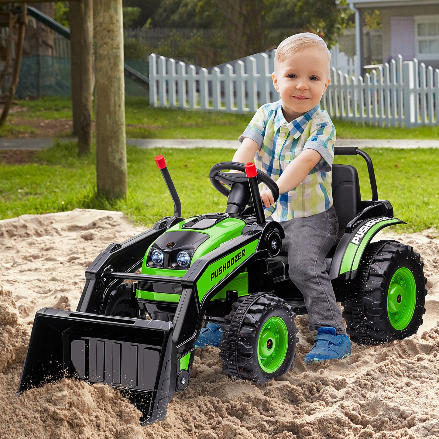 Kids Tractor 6V Battery Powered Digger Ride On Excavator Music Headlight Moving Forward Backward Green Kids Crystal