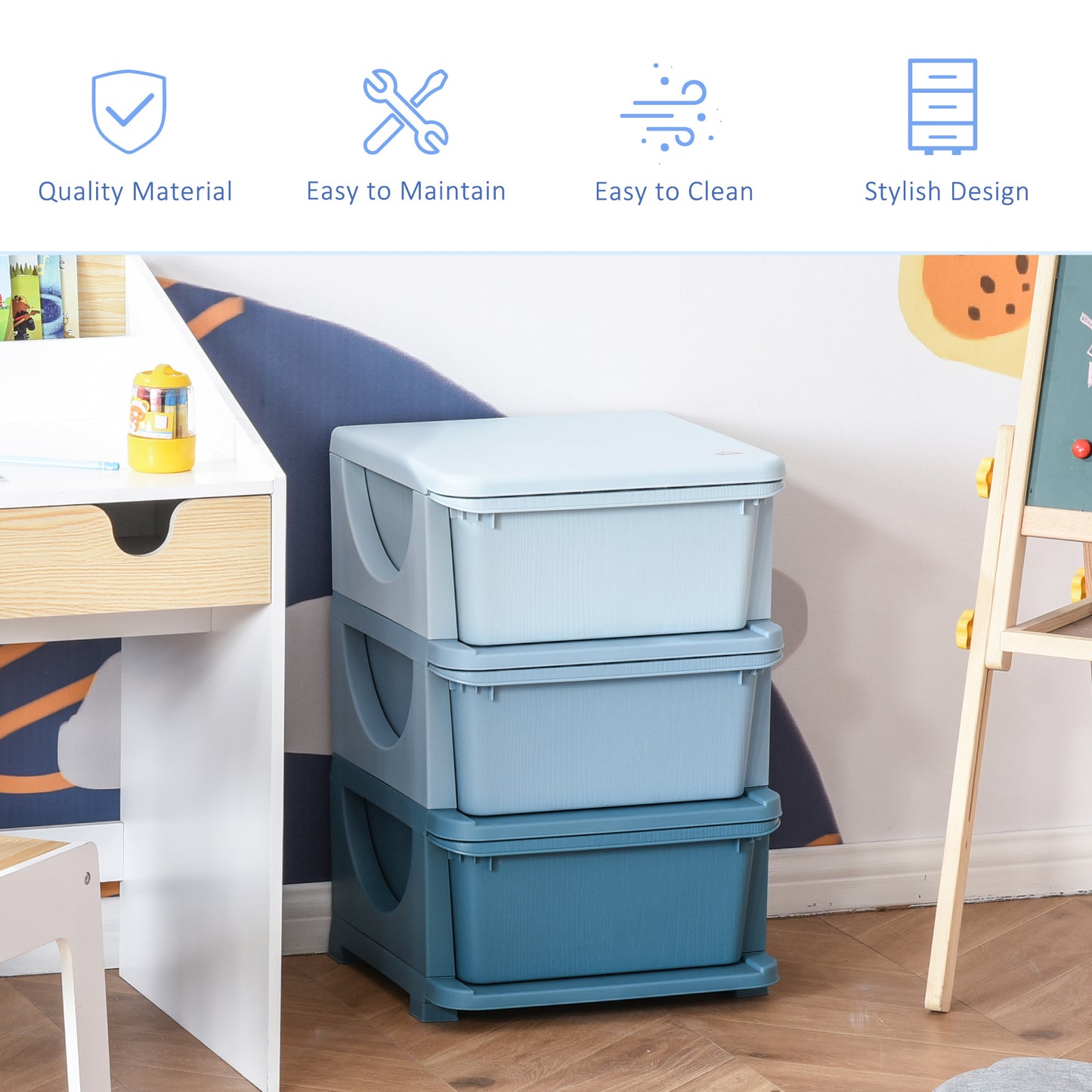 3 Tier Kids Toy Organizer and Storage Bins with 3 Plastic Drawers, Blue