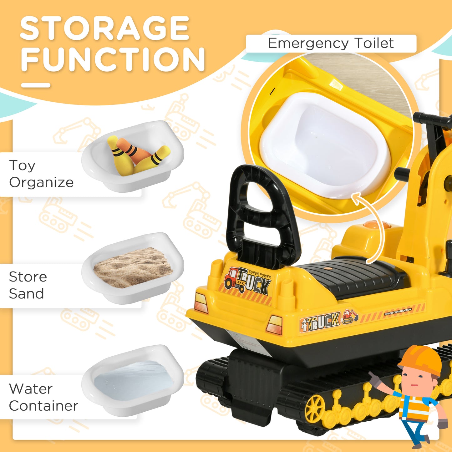 Ride On Excavator Toy Tractors Digger Movable Scooter Walker Pretend Play for Toddlers Yellow Black Kids Crystal