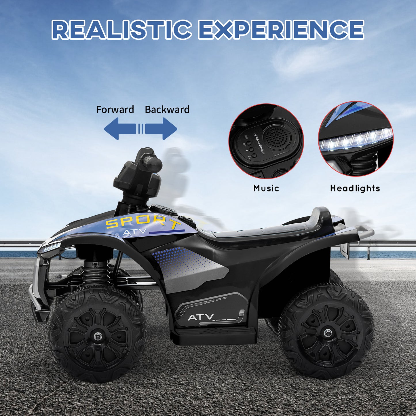 Kids ATV, 6V Battery Powered Electric Vehicle with Headlights, Forward/Reverse Switch for 18-36 Months, Black Kids Crystal