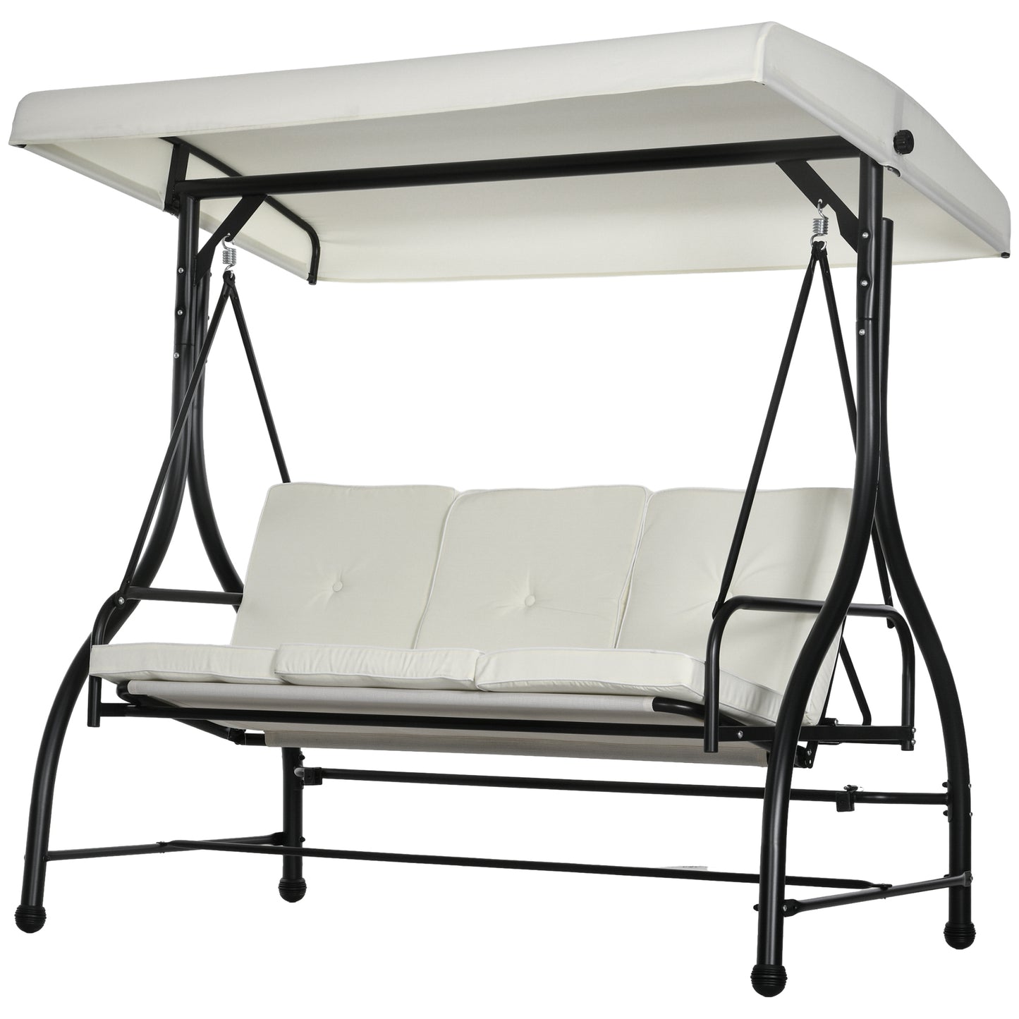 Convertible Patio Swing Bed with Canopy and Cushions, 3 Seater Porch Swing for Outdoor, Backyard, Garden, Cream White Kids Crystal