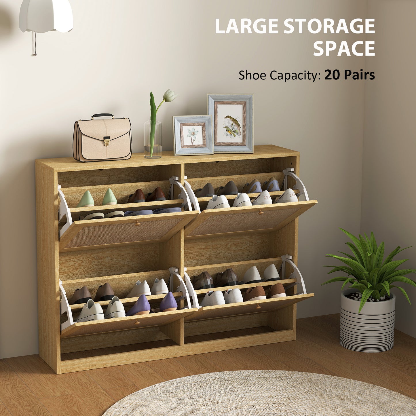 Narrow Shoe Storage Cabinet, Rattan Shoe Cabinet with 4 Flip Drawers and Adjustable Shelves for 20 Pairs, Oak Kids Crystal
