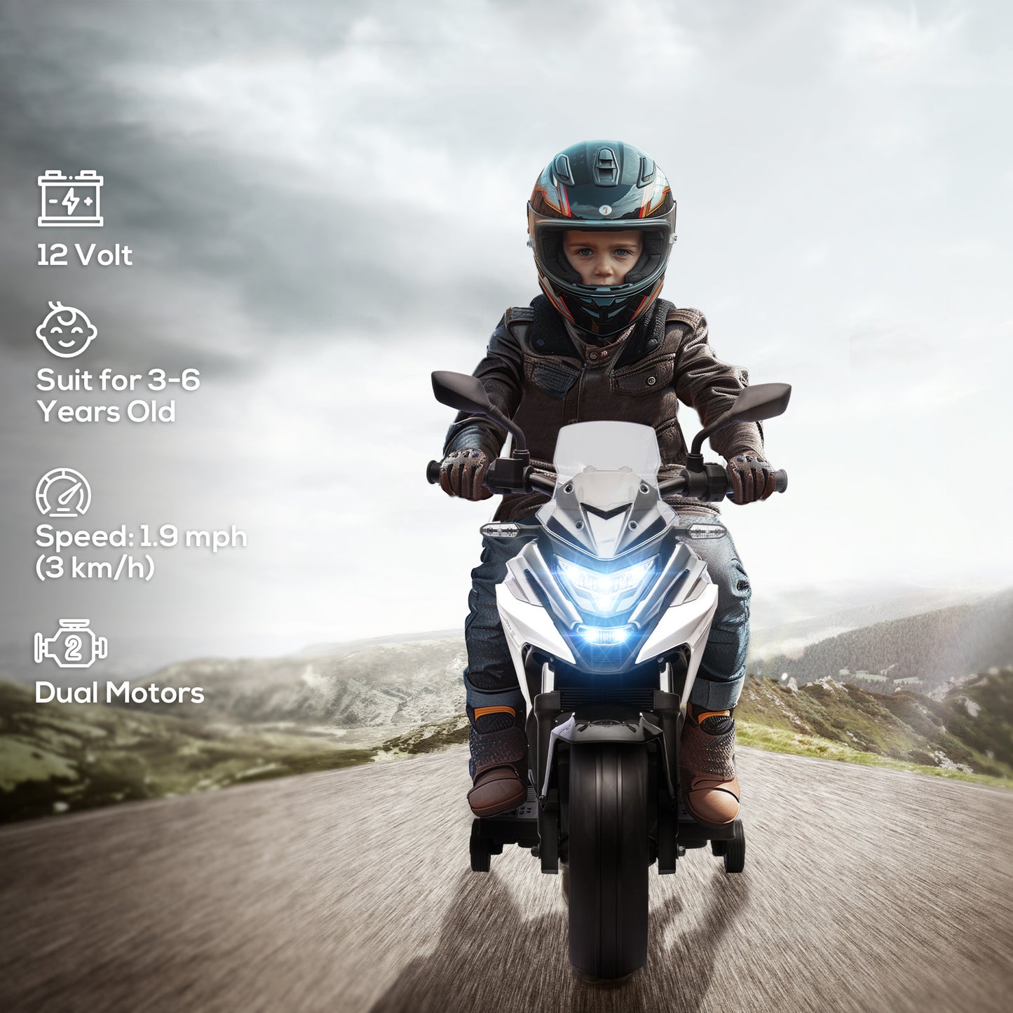 Honda Licensed 12V Ride on Motorbike for Kids with Headlights Music Training Wheels, for 3-6 Years, White Kids Crystal