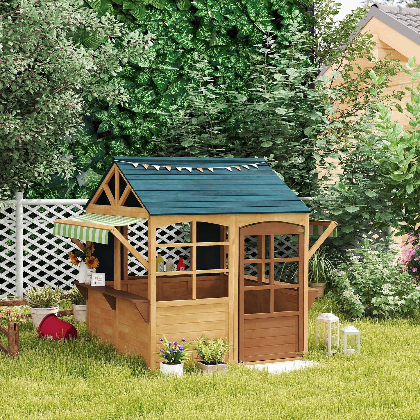 Wooden Foldable Outdoor Playhouse for Kids Ages 3-8, Snack Bars, Working Door, Rain Covers, Blackboards, Brown Kids Crystal