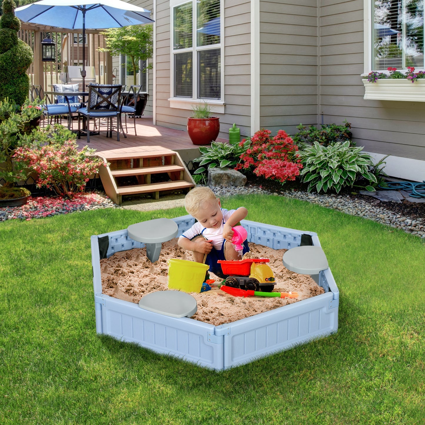 Sandbox with Cover for Kids 3 Seats Bottom Liner Light Blue 3-12 Years Old Kids Crystal