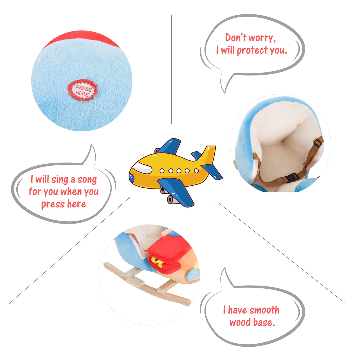Kids Wooden Plush Ride-On Rocking Plane Chair Toy for Toddler Boy& Girl with Nursery Rhyme Kids Crystal