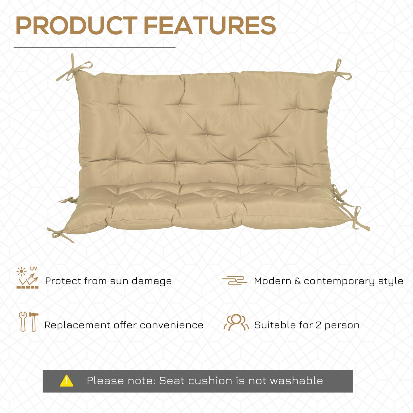 2-Seater Swing Chair Cushion Replacement with Backrest for Garden Bench Indoor Outdoor Use 39.4x38.6 Khaki