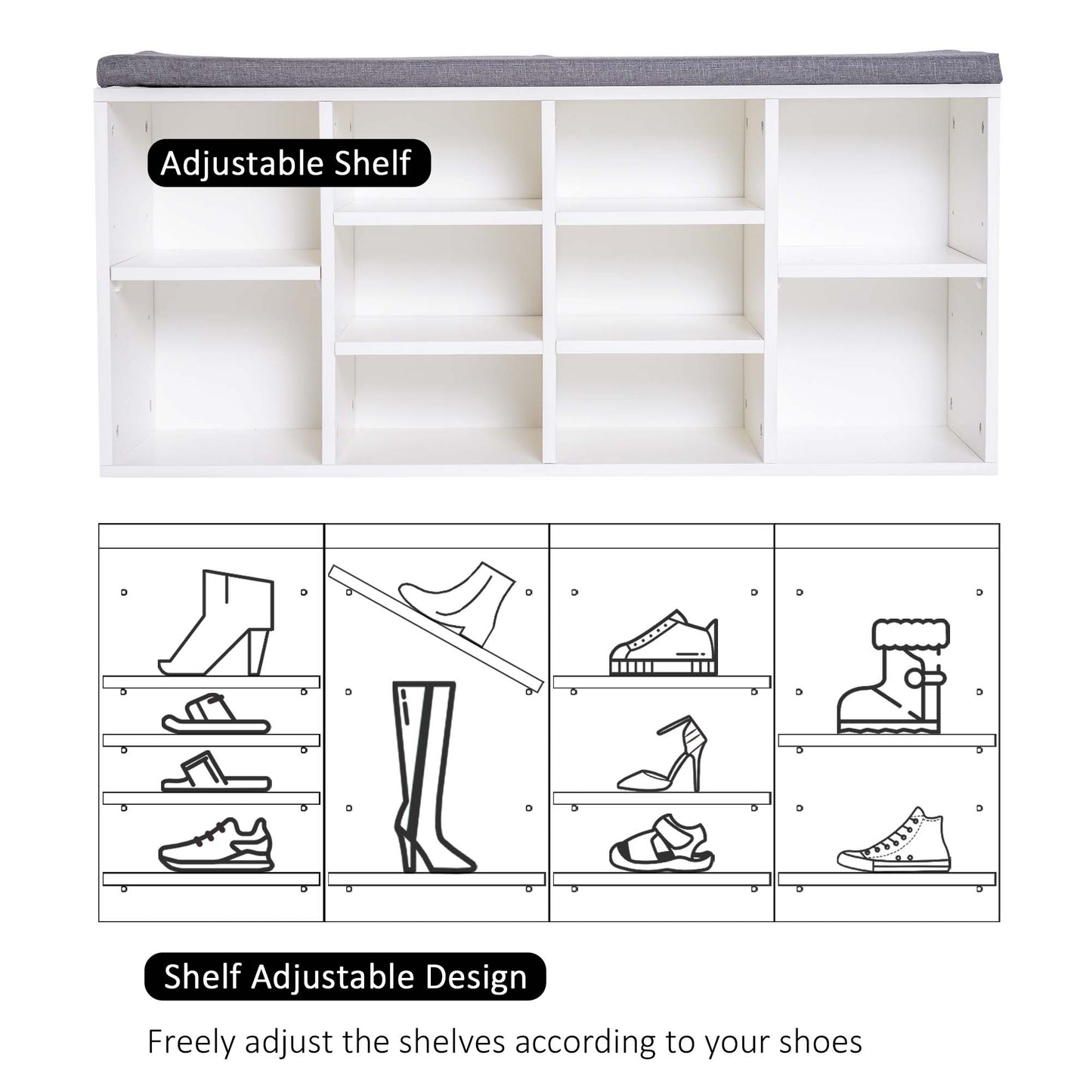 Shoe Bench with Storage, Upholstered Entryway Bench with Adjustable Shelves, Cushion for Living Room, Hallway, White Kids Crystal