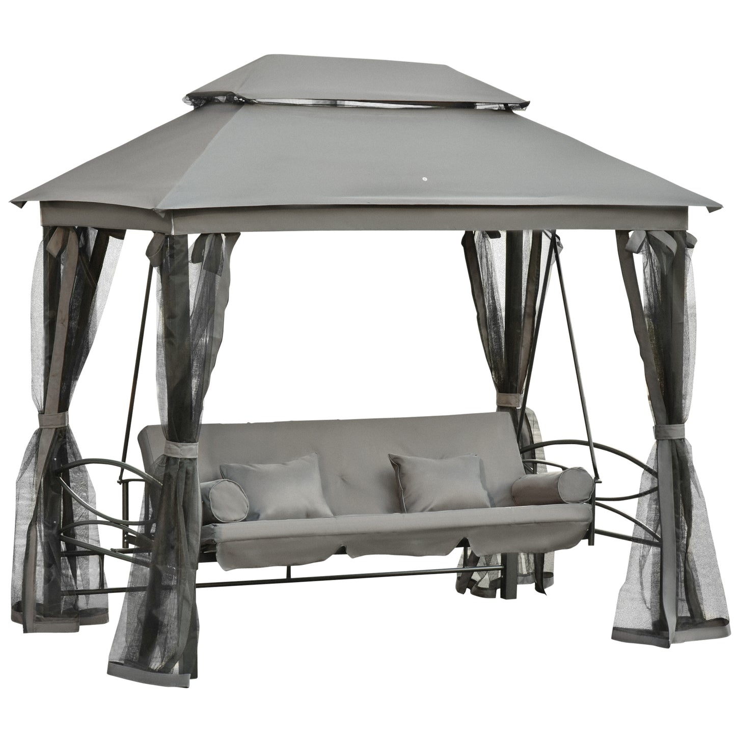 3 Person Outdoor Patio Daybed 3 in 1 Canopy Gazebo Swing Chair Garden Hammock with Mesh Mosquito Net and Sun Shade Grey
