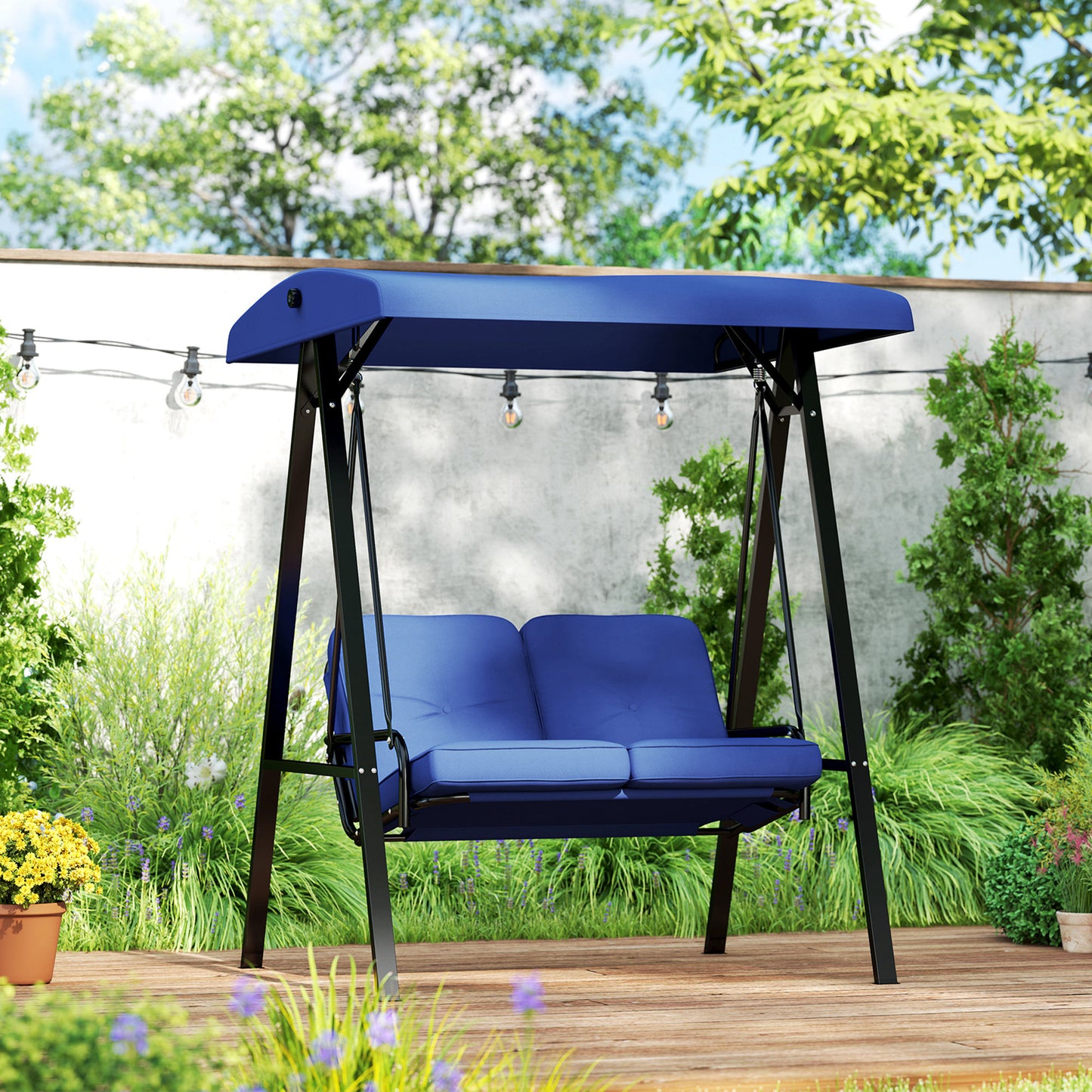 2-Seater Outdoor Porch Swing with Adjustable Canopy, Patio Swing Chair for Garden, Poolside, Backyard, Dark Blue Kids Crystal