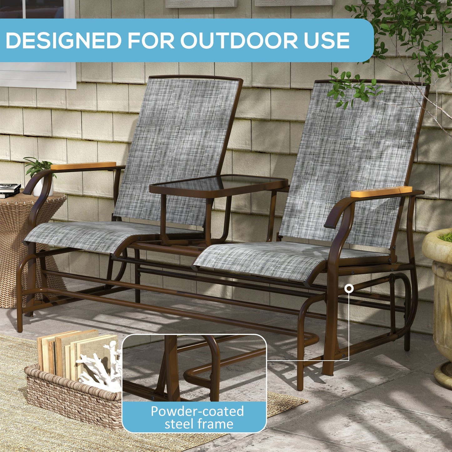 Outdoor 2-Person Glider Bench Swing Chair Loveseat Breathable Mesh Table Steel Frame