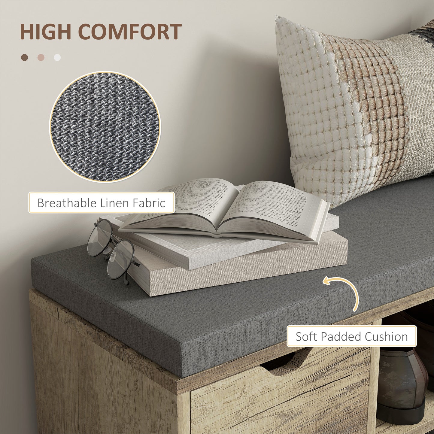 Upholstered Shoe Storage Bench w/ Seat, Entrance Bench w/ Drawer Open Shelves and Pocket for Hallway, Grey Kids Crystal